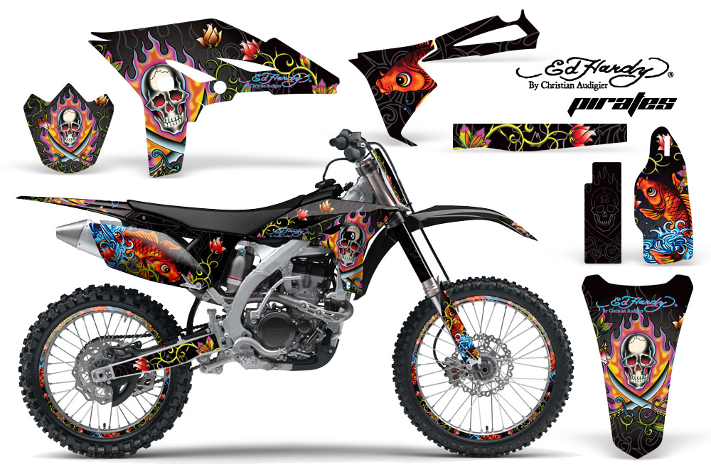 Yamaha YZ250F 2010 Graphics Kit ED HARDY-PIRATES-BLACK-NP